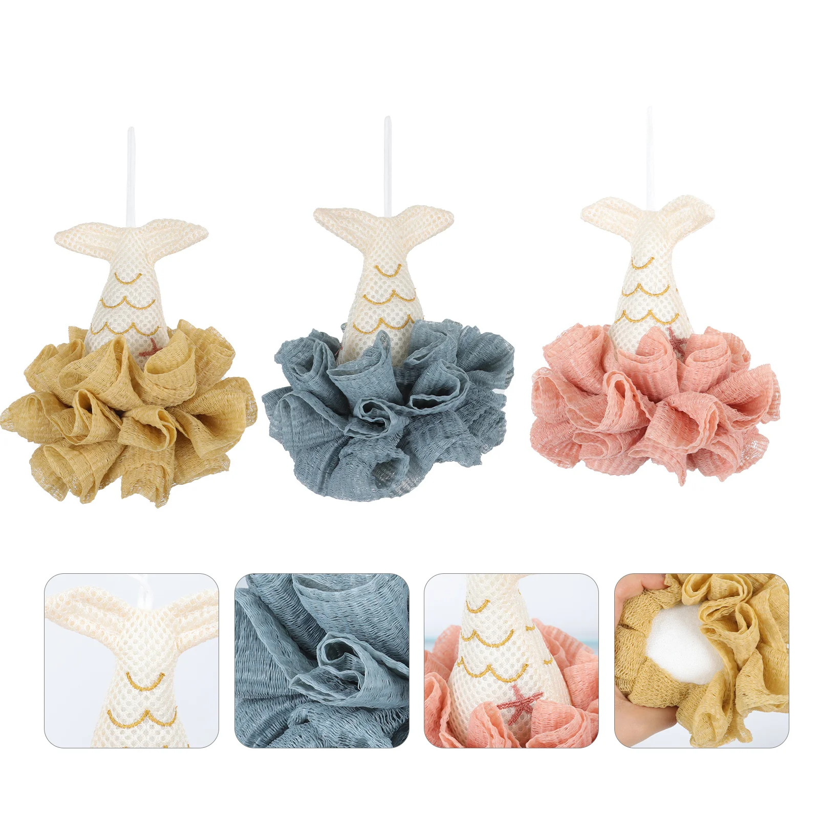

3Pcs Bathing Balls Mermaid Tail Shower Flowers Soft Mesh Scrubber Bath Supplies Hanging Rope Relaxing Shower Tools for Home