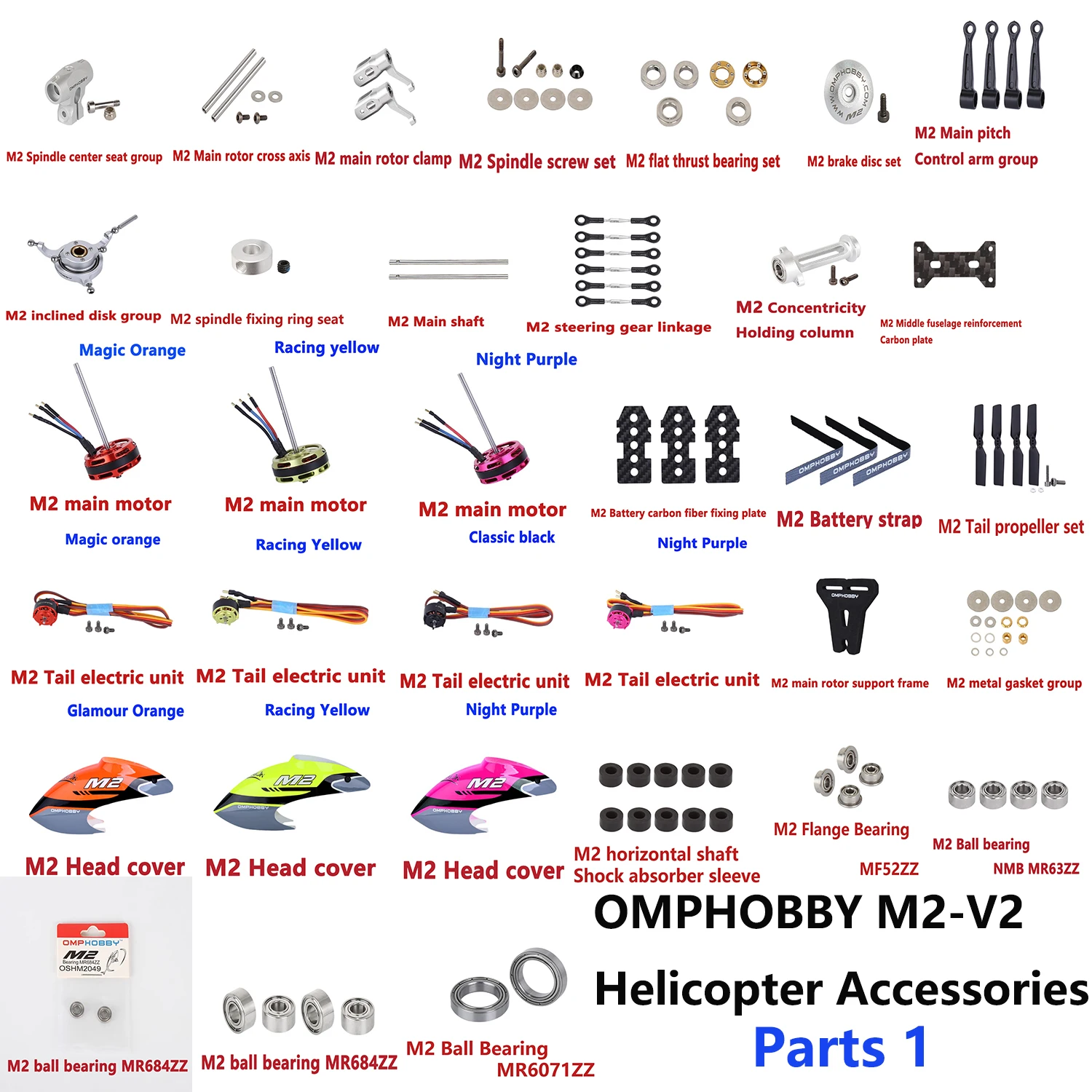 OMPHOBBY M2-V2 / EXP / EVO RC Helicopter Accessories 1 Nose Cover Servos ESC Bearing Receiver Motor Blade Bearing Swing Arm