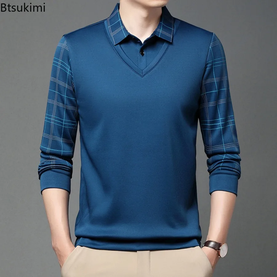 Spring Autumn New Men's Long Sleeve Polo Shirts Fashion Fake Two-pieces Shirt Collar Sweaters Business Casual Shirt Tops for Men