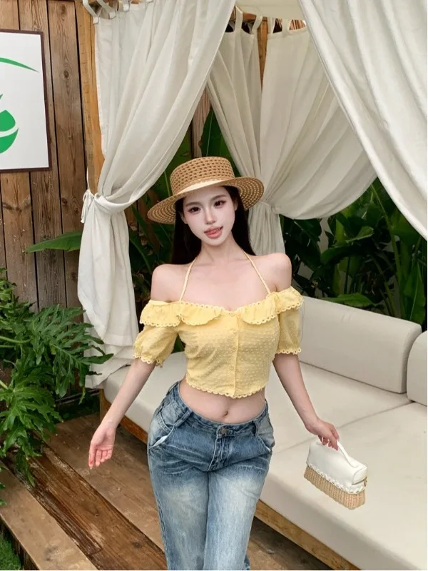 

Sweet Style Pure Color Backless Lace Shirt Short Sleeve Bordered Collar One Shoulder Top Age Reduction Atmosphere Sense Women...
