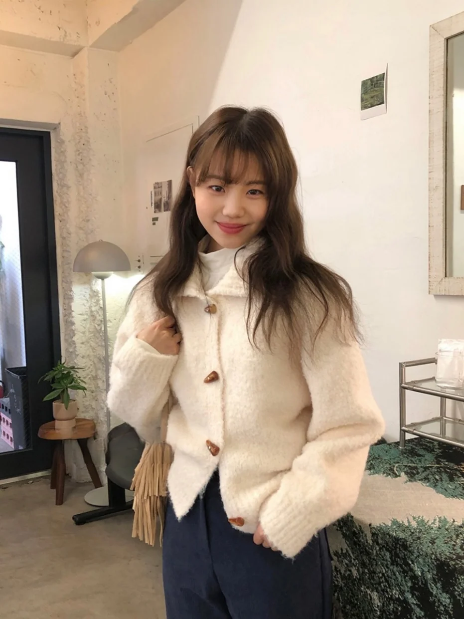 

Retro Korean Sle Knitted Sweater Coat Cr Cheese White Small Collar Button Autumn Winter Streetwear Faion for Young Women