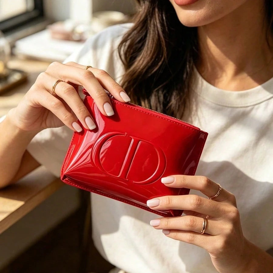 Dior’s bag Premium Fabric Red Cosmetic Bag For Lipstick Blush & Powder Puff Storage Portable Makeup Organizer Perfect For Girls - view 4