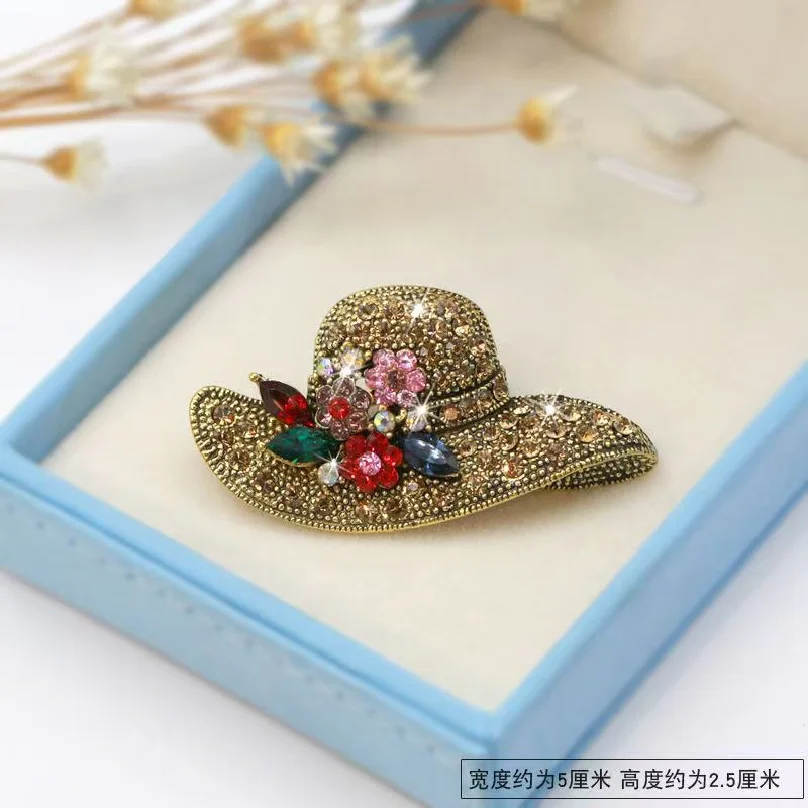 Retro Rhinestone Flower Sun Hat Shape Brooches For Women Clothing Accessories Lady Holiday brooch Gifts