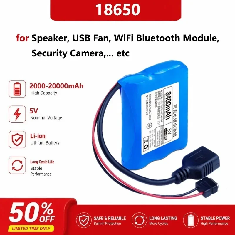 [New] 5V 2000-20000mAh 18650 Lithium Battery Pack USB-A Female Output for Speaker USB Fan WiFi Bluetooth Module Security Camera