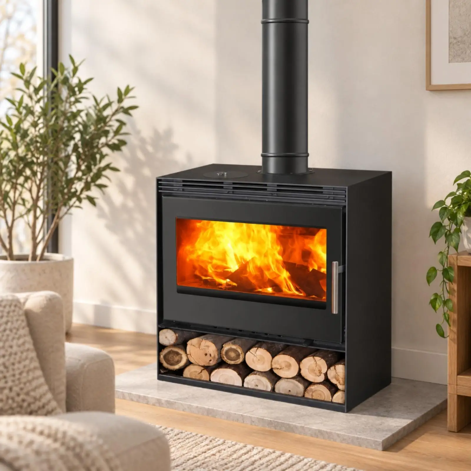 Solid Metal Firewood Stove Heater with Chimney Pipe Included for Sheltered Outdoor Areas and Workshop Warmth