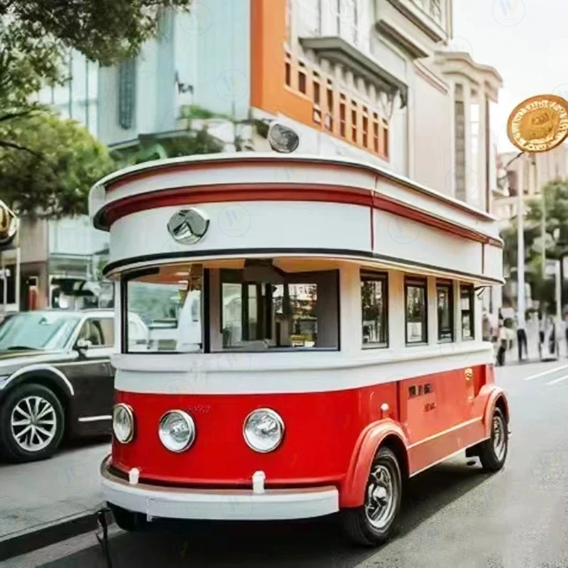 

Маленький винтажный фудтрак с подсветкой и атмосферной подсветкой, передвижной прицеп для продажи закусок и цветов на открытом воздухе