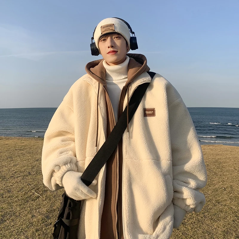 

Men's Thiened Fce Lined Cotton Jaet Fake Two-Piece Sle Lamb Fur Youth Casual Warm Winter Coat Zipper Closure Hooded