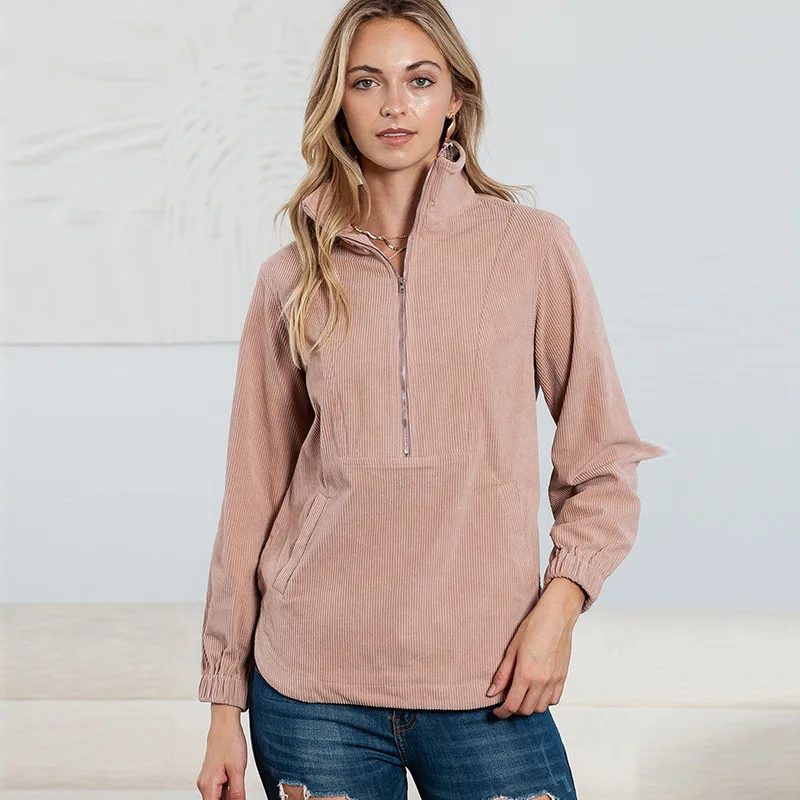 Women's Monochromatic Stand Collar Sweatshirt, Long Sleeve, Pocketed Ribbed Top,  Zipper Pullover, Loose Hoodie, Autumn, Winter,