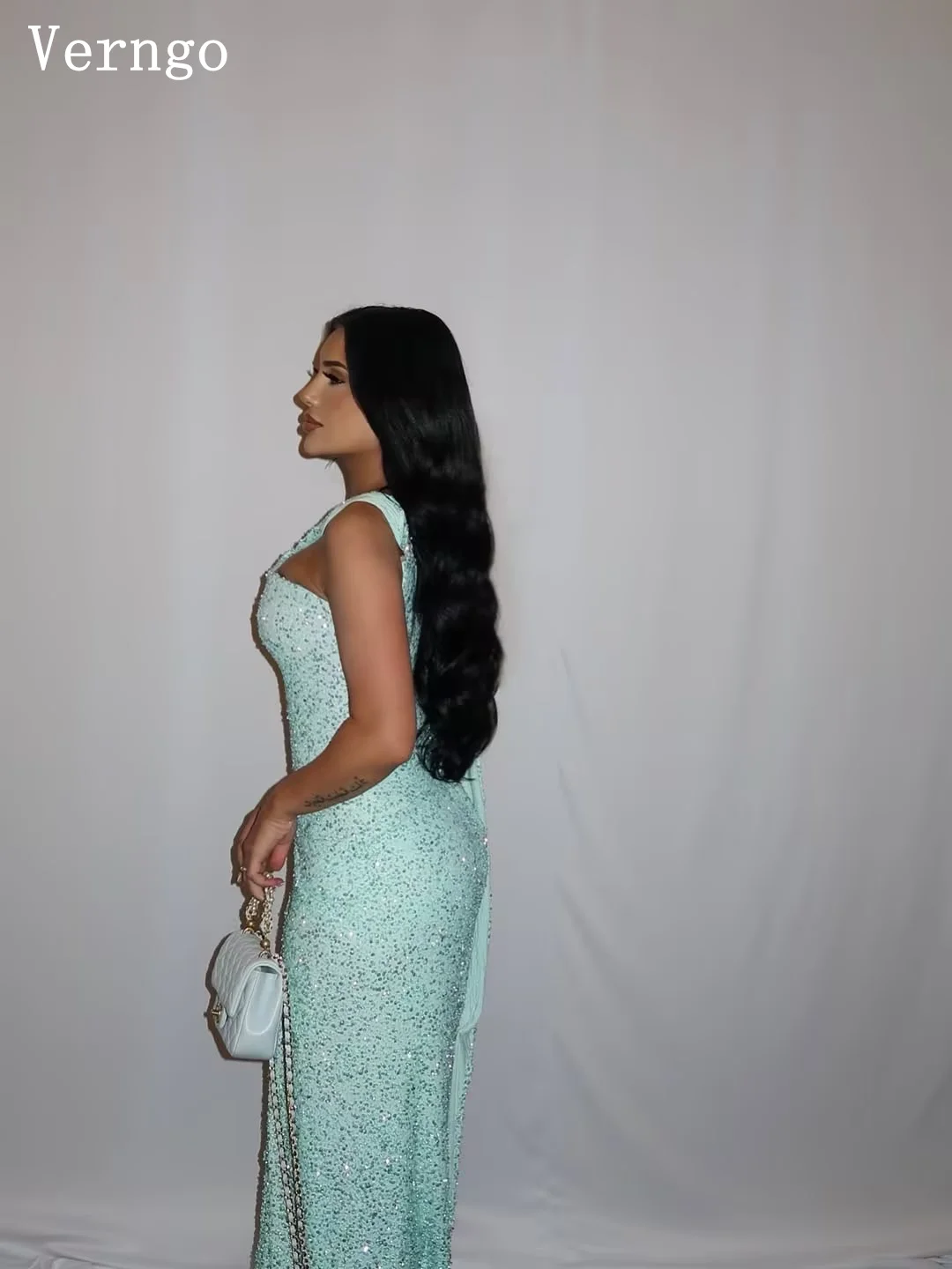 Verngo Mint Green Sequined Evening Dress Strapless Mermaid Prom Dress Flowing Hand-pleated Maxi Prom Party Dress Customized