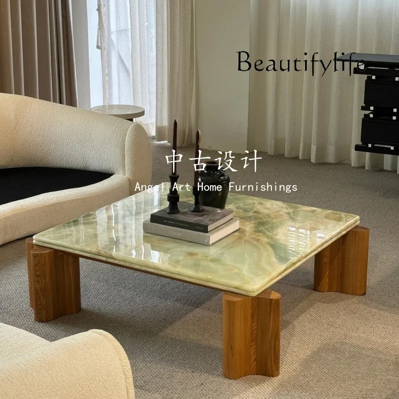 طاولة قهوة من الخشب الصلب والرخام المنزلي مصممة من العصور الوسطى، طاولة قهوة فاخرة لغرفة المعيشة على الطراز الفرنسي القديم