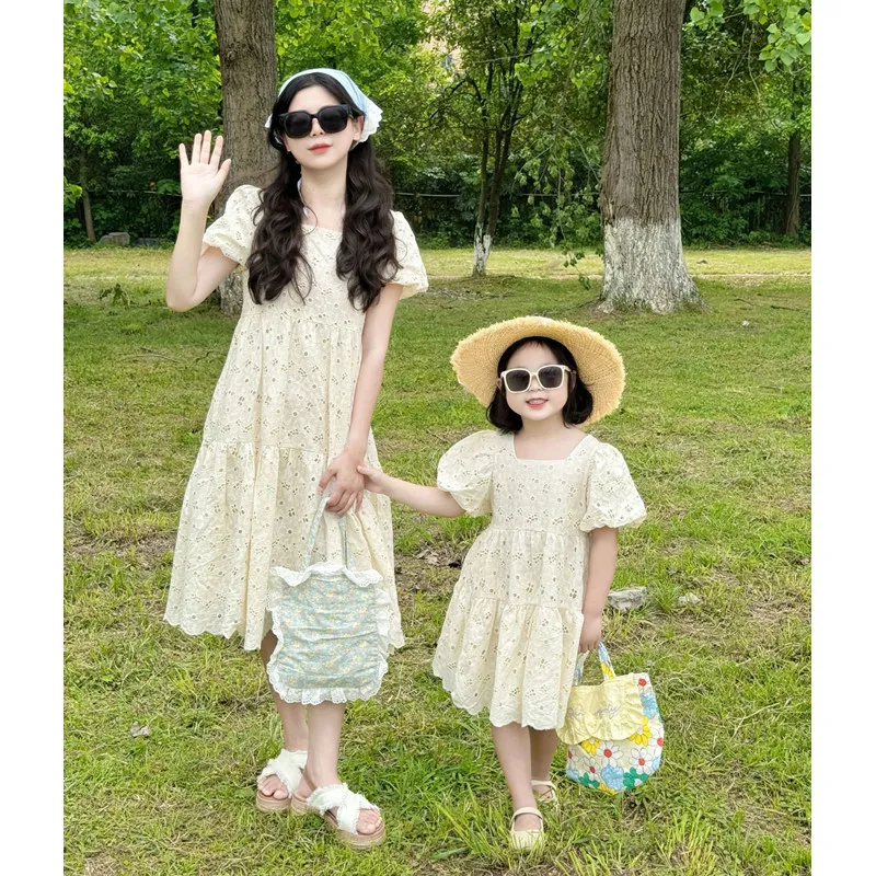 Matching Mother Daughter Dress 2024 Summer Mom and Baby Girl Shor Sleeeve Dresses for Women Clothing Korean Children\'s Frocks