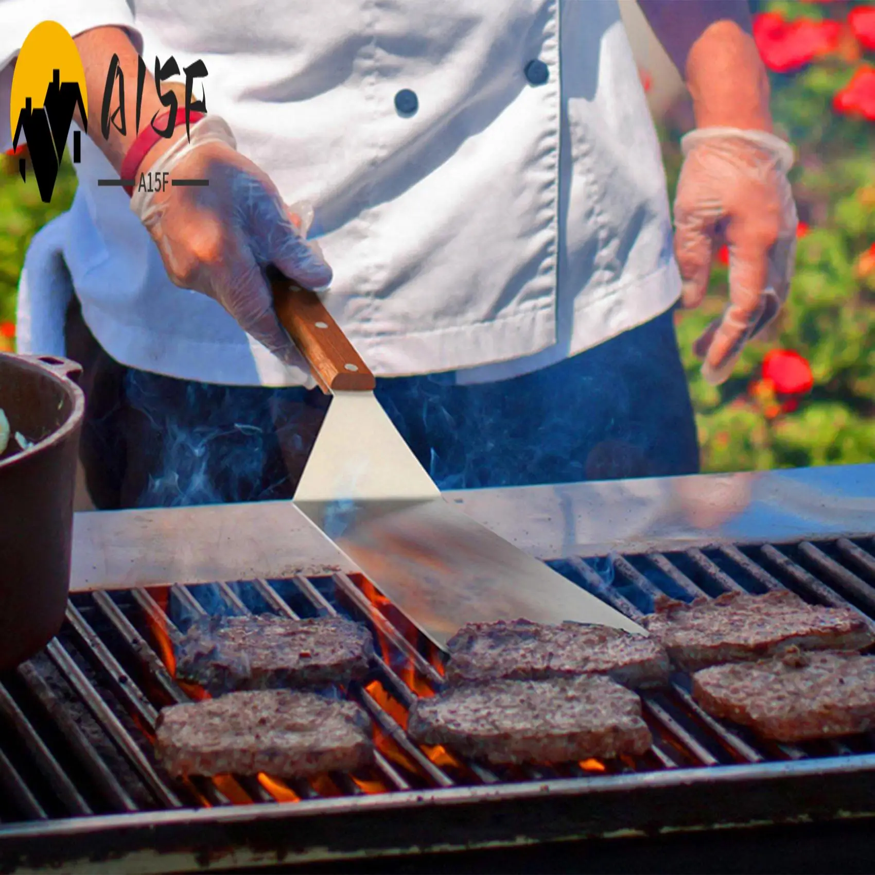 

A15F-лопатка для гамбургеров из нержавеющей стали, квадратная лопаточка, скребок для приготовления пищи, токарный станок для гамбургеров с деревянной ручкой для барбекю, стейка