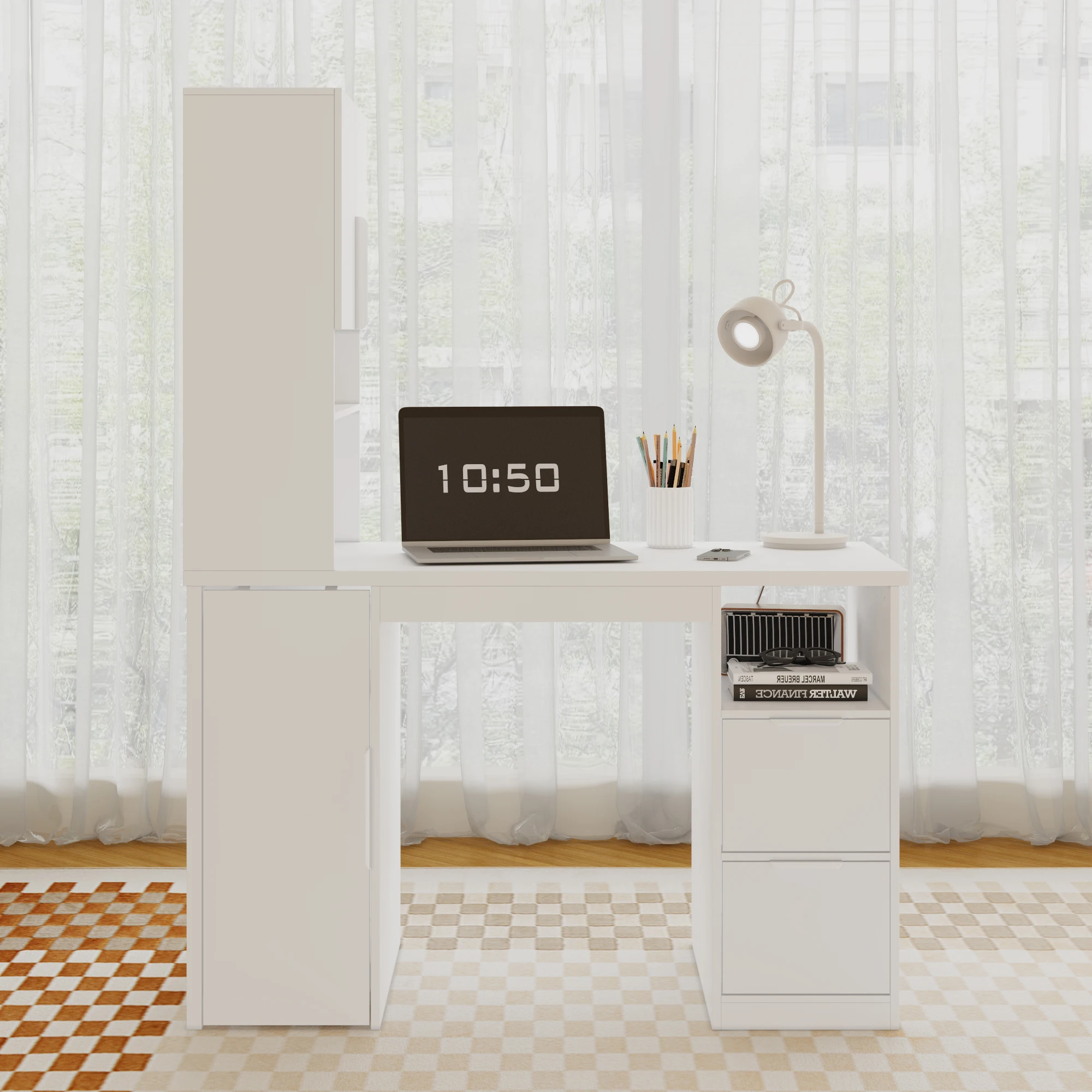 

FUFU&GAGA Современный компьютерный стол с двойной дверью, раздвижным шкафом и 2 ящиками, учебный стол с 2 открытыми полками, белый