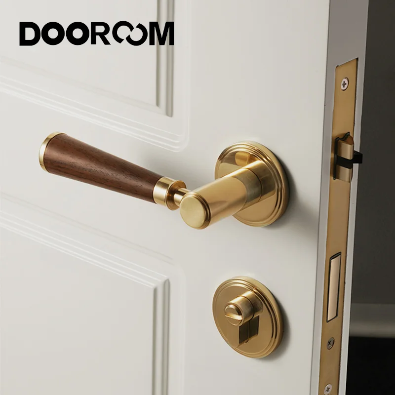 DOOROOM Brass Door Lock Set Modern Walnut Wood Simplicity Trapezoid Light Luxury Wooden Door Handles Furniture Bedroom Door Lock