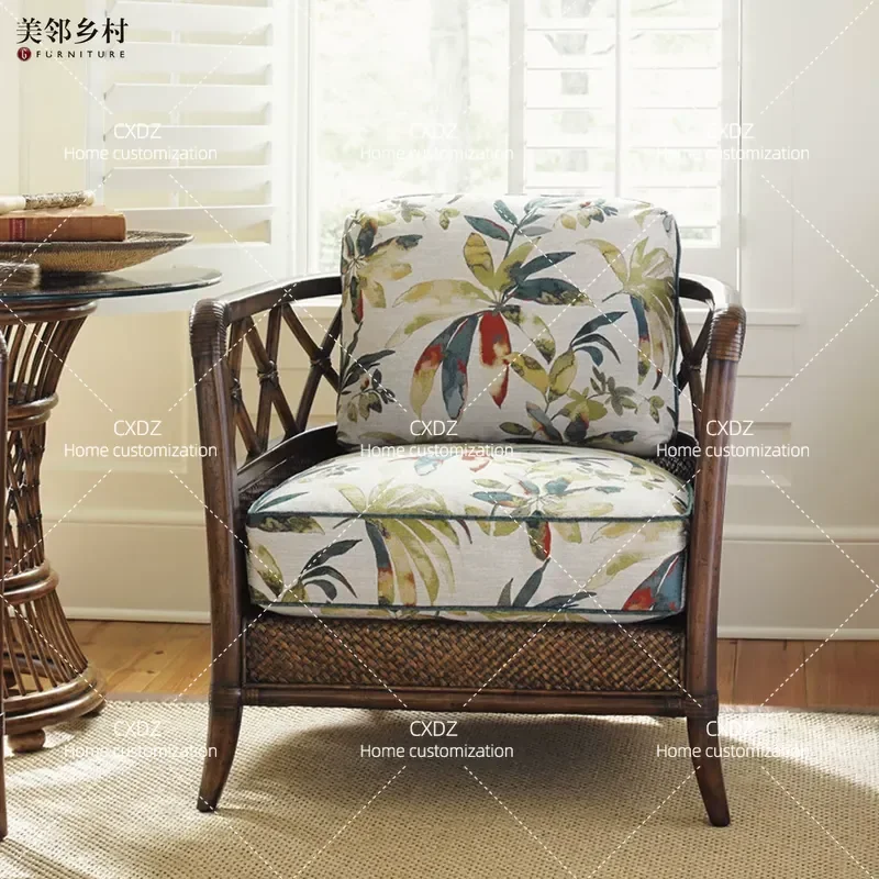 Solid Wood Rattan Chair Casual Single Sofa Retro Fabric Armchair for Balcony Bedroom Leisure Seating Vintage Style Furniture