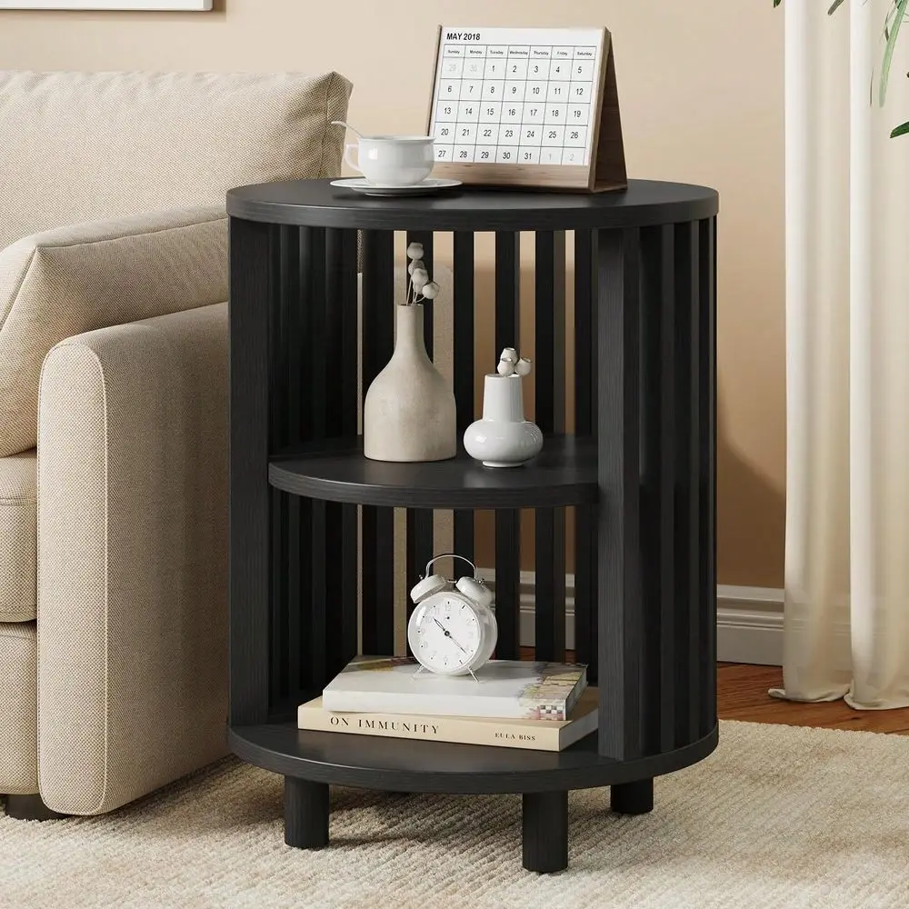Black Fluted Round End Table Set Of 1, Mid Century Bedside Table With Curved Profile Design, Modern Nightstands Set Of 2 For Li