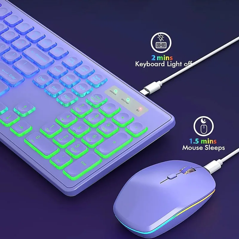 2.4G Wireless Keyboard and Mouse Combo Rechargeable Full-Size Illuminated Type-C Keyboard And Mouse Set For Computer Laptops