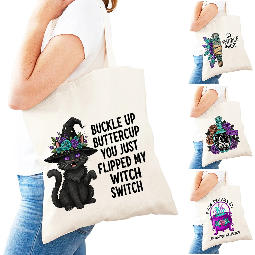 

Fashion Witch Cat Art Lady Shopper Bags Cartoon Smudge Bundle Women Daily Use Shoulder Handbag Magic Potion Girl Shopping Bag