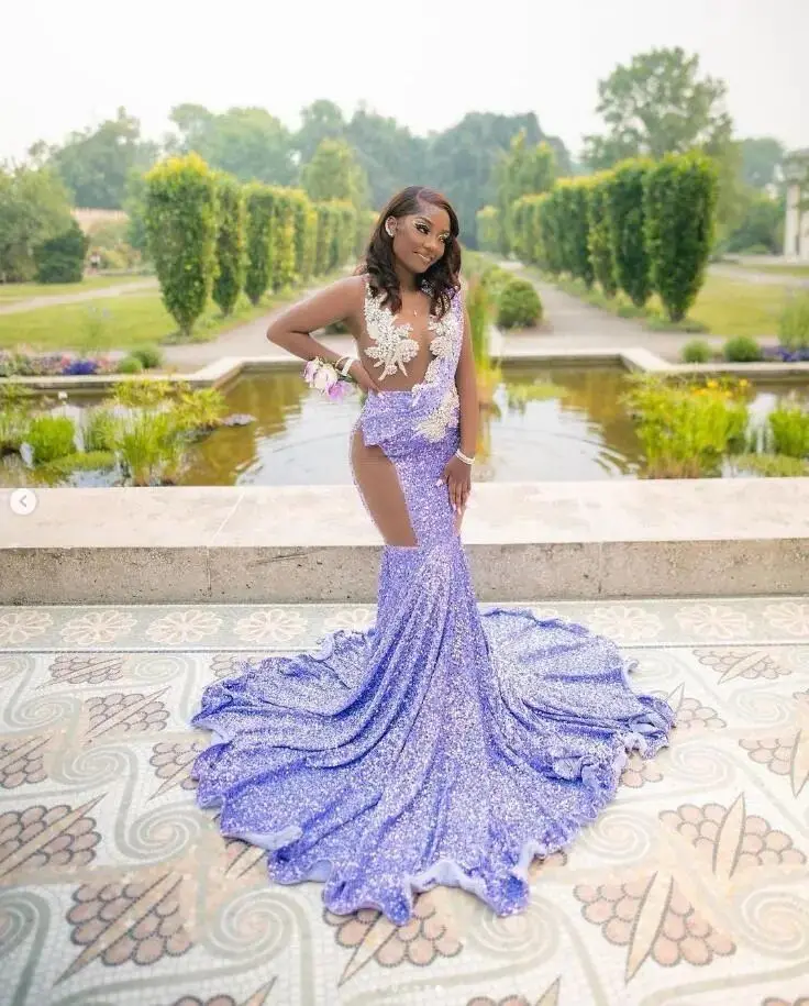 Lorencia Lilac Sequins Mermaid Aso Ebi Prom Dress For Black Girl Lace Applique Beaded Formal Party Gown Vestidos De Fiesta YPD13