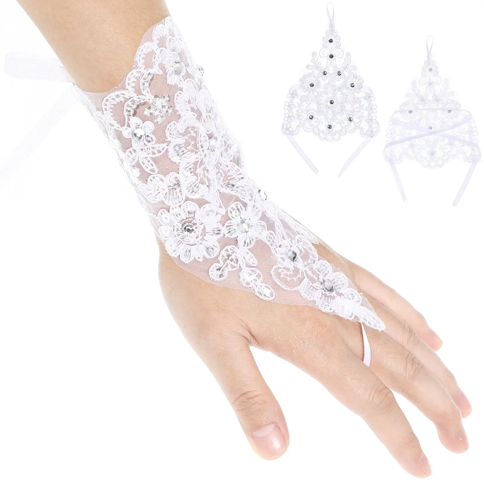 1Pair Lace Fingerless Dress Gloves Rhinestone Design Charming Stage Performance Flower Wedding Party