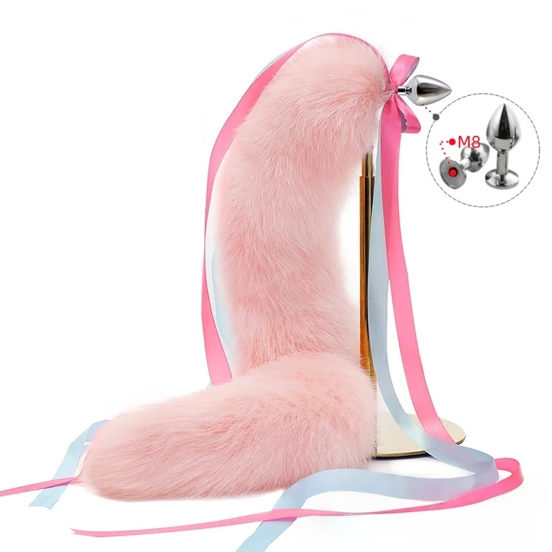 Sexy Pinkish Real Fox Tail Anal Sex Toys with Separable Metal Butt Plug for Couple Sensual Play Adult Cosplay Accessories