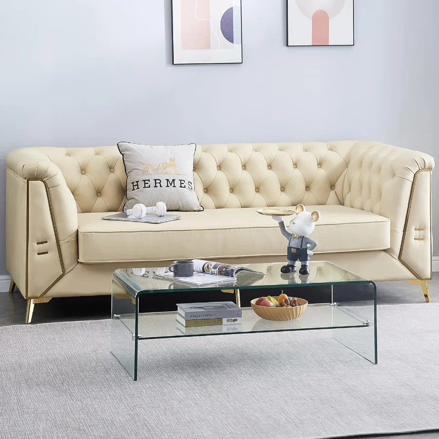 Clear Coffee Table Modern 2Layer Storage Waterfall Tempered Glass Coffee Tables for Living Room Easy to Cleand Safe Rounded Edg