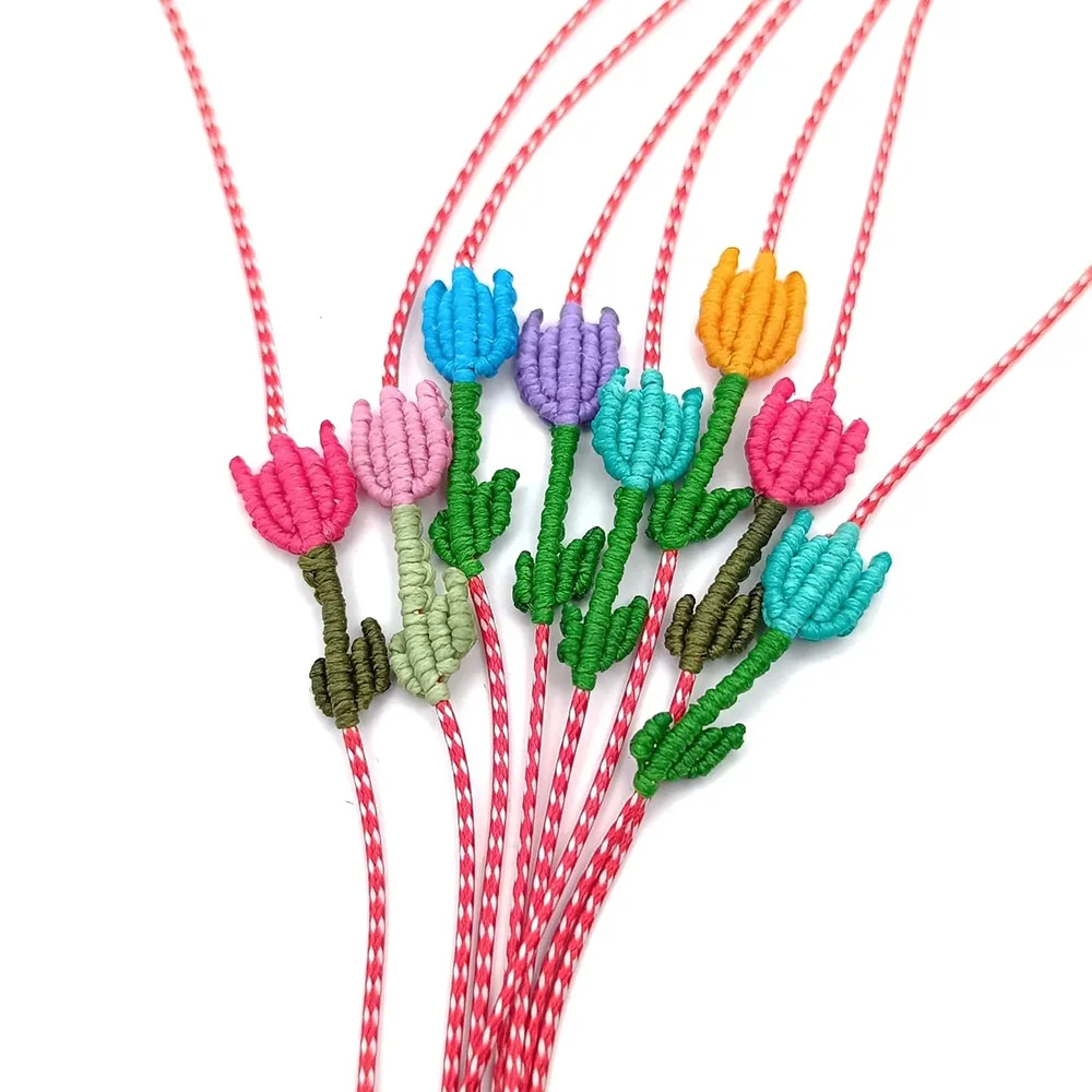 Handwork Tulips Bracelet Rainbow Color Hand Knitting Braided Small Flower Adjustable Lucky Charm Simple Friendship Gift