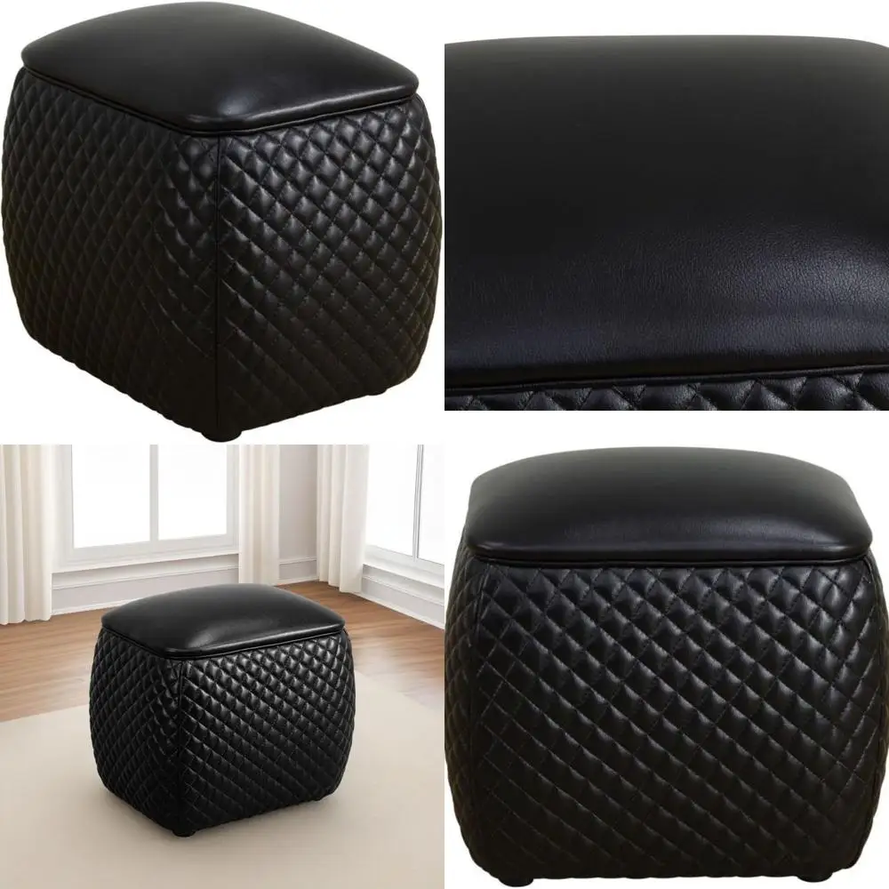 

Black Square Faux Leather Ottoman, 19.5 x 15.5 x 18, Living Room & Dorm Footrest