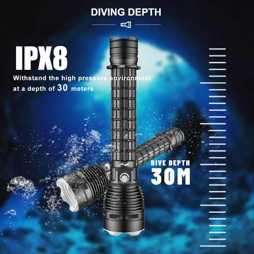 Luz LED de buceo XHP70, linterna subacuática de 30M, 1500-1800LM, 200M de alcance, interruptor de presión, IPX8, lámpara impermeable para buceo, natación al aire libre