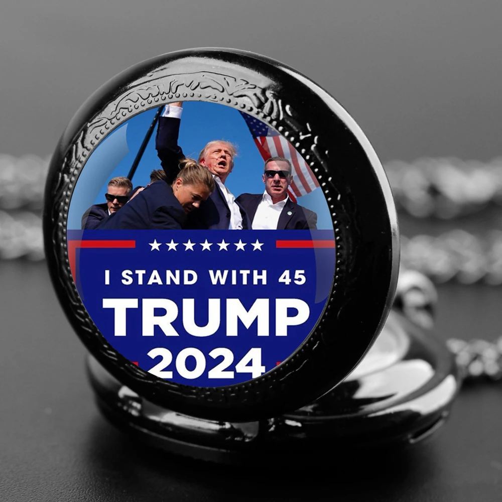 Cool Trump Pocket Watch Elegant Exquisite Clock With Necklace Chain I Stand With 45 TRUMO 2024 Relogio Retro Watch Best Gift