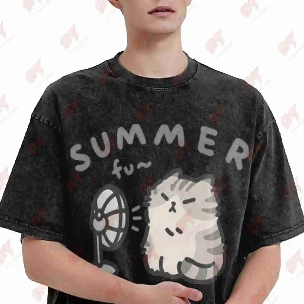 Cat Blow Fan Korean Matching Vintage Washed Tee Pure Cotton T-Shirt