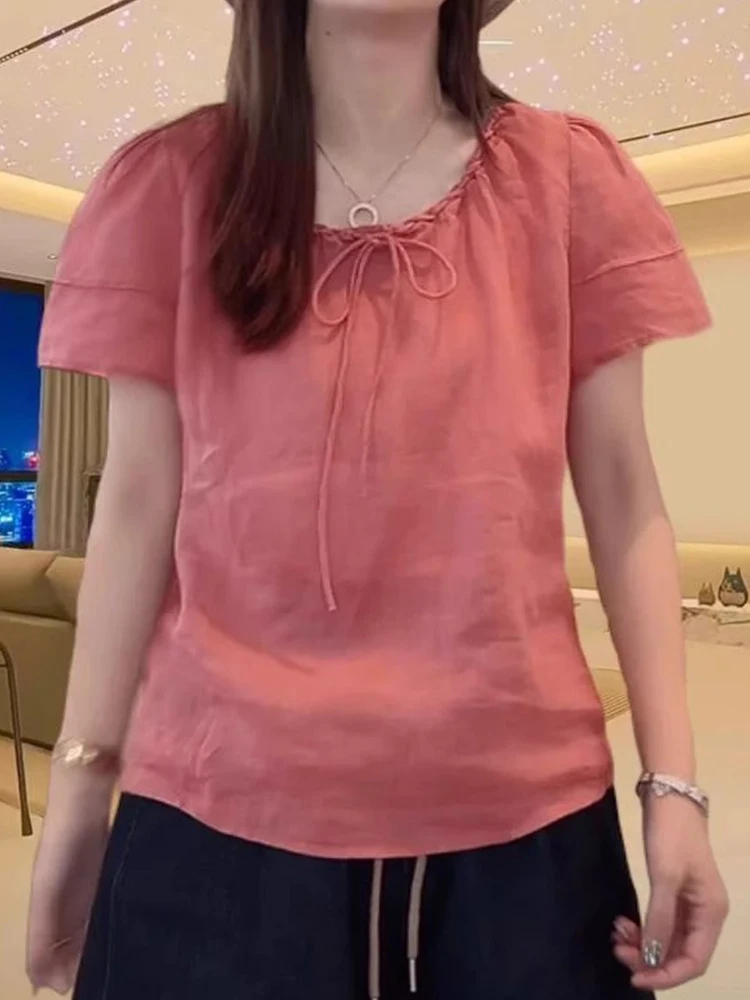 الرجعية القطن الكتان ort Sve irt المرأة الصيف فضفاض عارضة التعادل جولة Ne رقيقة الكتان الصغيرة أعلى الملابس العلوية #2