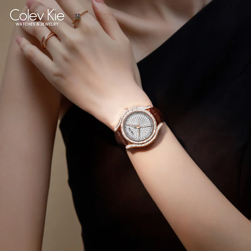 ColevKie-Relojes de pulsera con correa de cuero para mujer, reloj de cuarzo redondo con diamantes, conjuntos de regalo a la moda