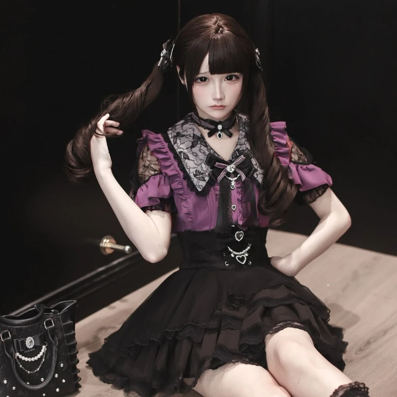 Japanese Subculture Vintage Short Sleeve Lace Spliced Top + Mini Skirt Two-Piece Set Women Sweet Kawaii Outfit Y2k Vintage
