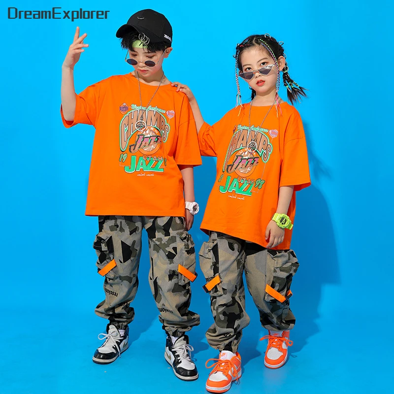 

Boys Hip Hop Camouflage Pants Girl Jogger 2 Pcs Set Kids Printed T-shirt Dance Clothes Teen Jazz Street Child Costume Streetwear