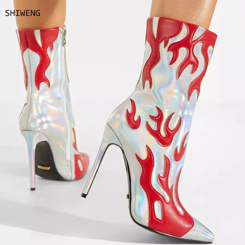 

Flame Pattern Halloween Mid Calf Boots Matte Leather Shoes for Women Thin Heels Fashion Shoe 2025 Zapatos Para Mujere 44