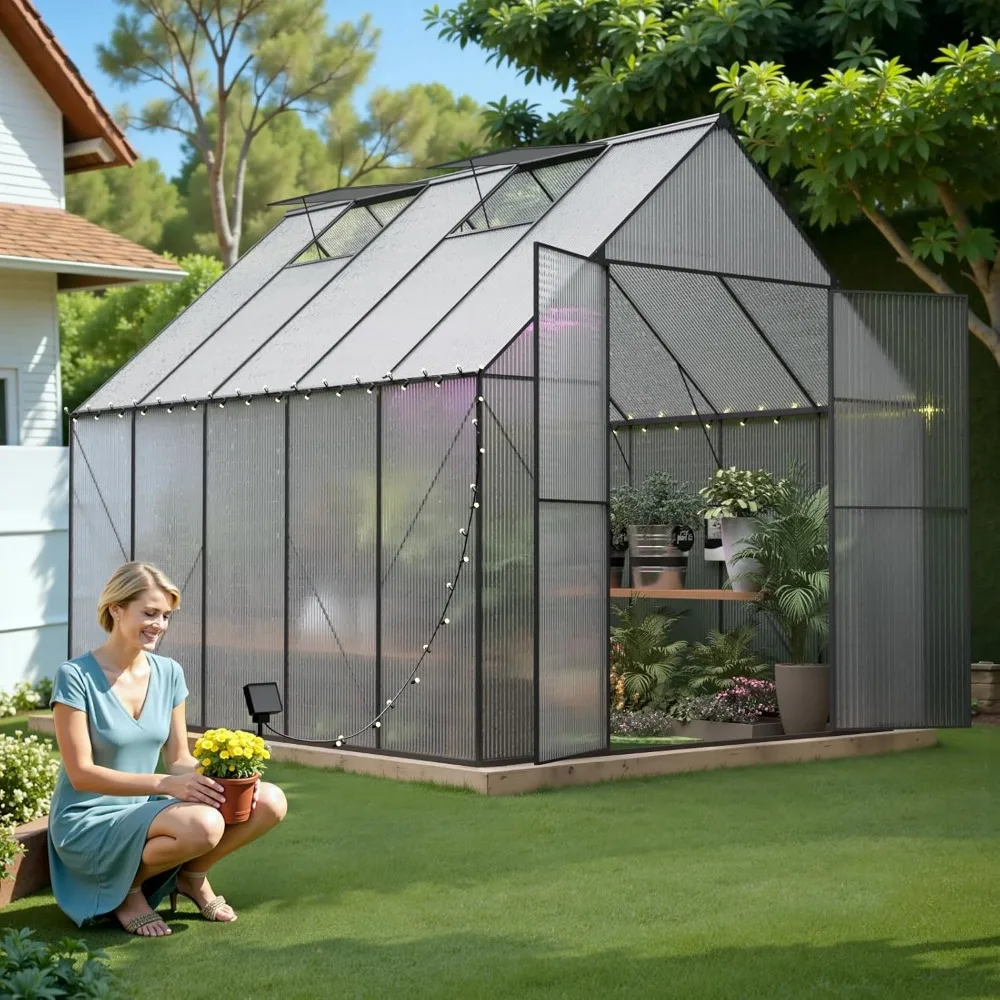 8x10 FT Greenhouse for Outdoors,Heavy Duty Polycarbonate Greenhouse,Large Walk-in Greenhouse with Roof Vent。