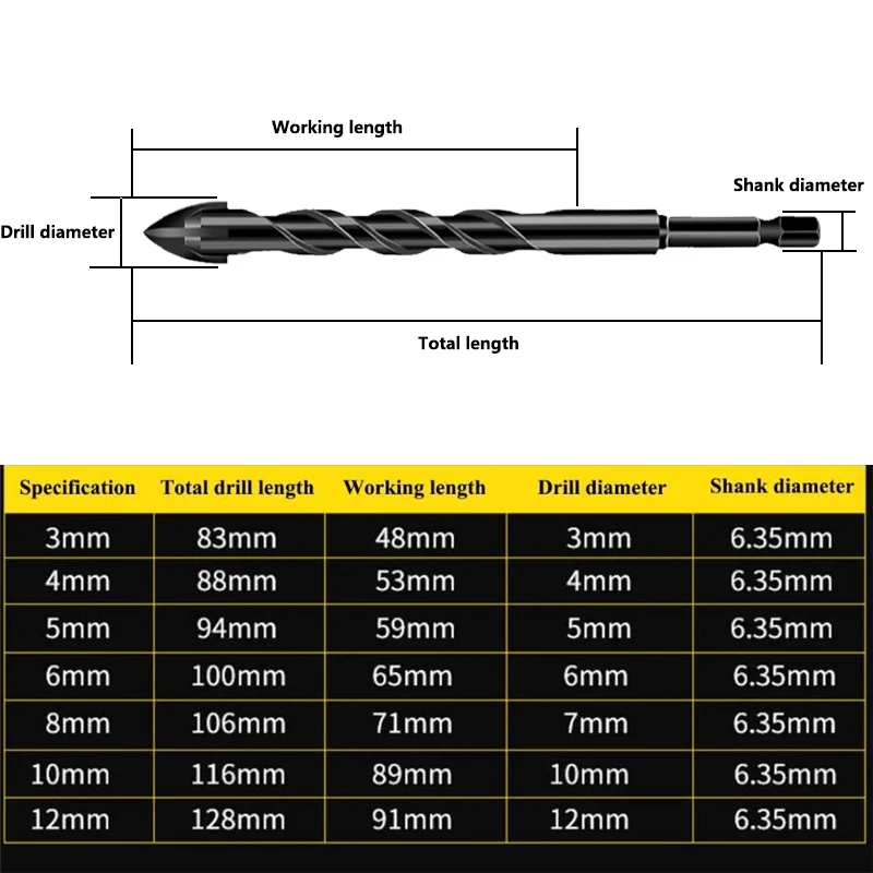 Broca multifuncional em liga resistente yg6x, 3-12mm, buraco de perfuração com 4 bordas de corte para broca elétrica