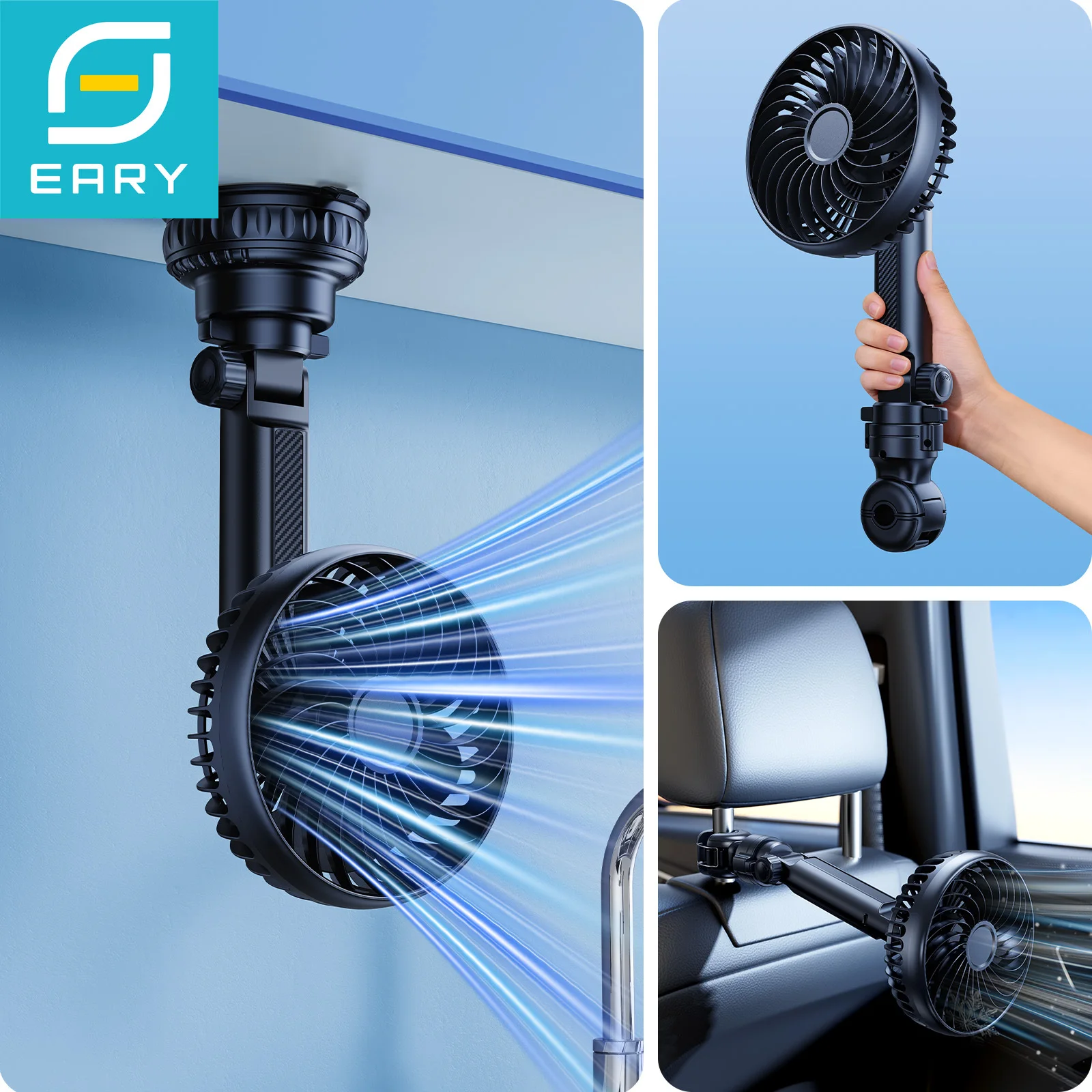 Eary 2 in 1 Car Headrest Fan Suction Cup Fan 5000mAh Battery USB Rechargeable 3 Speeds Wind 360°Rotate High Air flow Cooling Fan