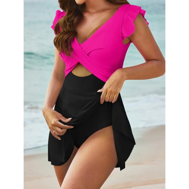 Tankini One-Piece Swimsuit, Flounced Cross Skirt, Beach Split, Hot Spring, New, 24