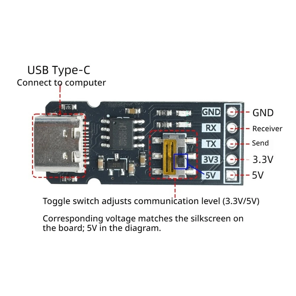 USB to TTL Serial Module CH340N Chip Toggle Switch 3.3V 5V Level Conversion Serial Adapter RX TX for MCU Embedded Debugging