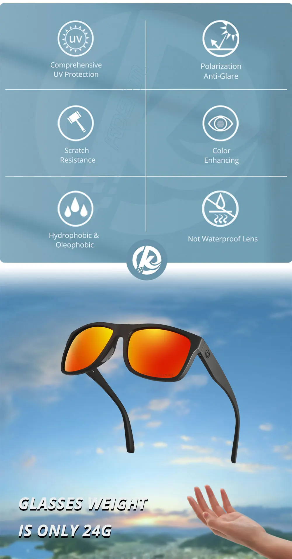Kdeam polarisierte Sonnenbrille Männer Sport drei dimensionale Marke Logo tr90 quadratische Sonnenbrille ganz schwarz mit Reiß verschluss Fall kd0721 – Detail 6