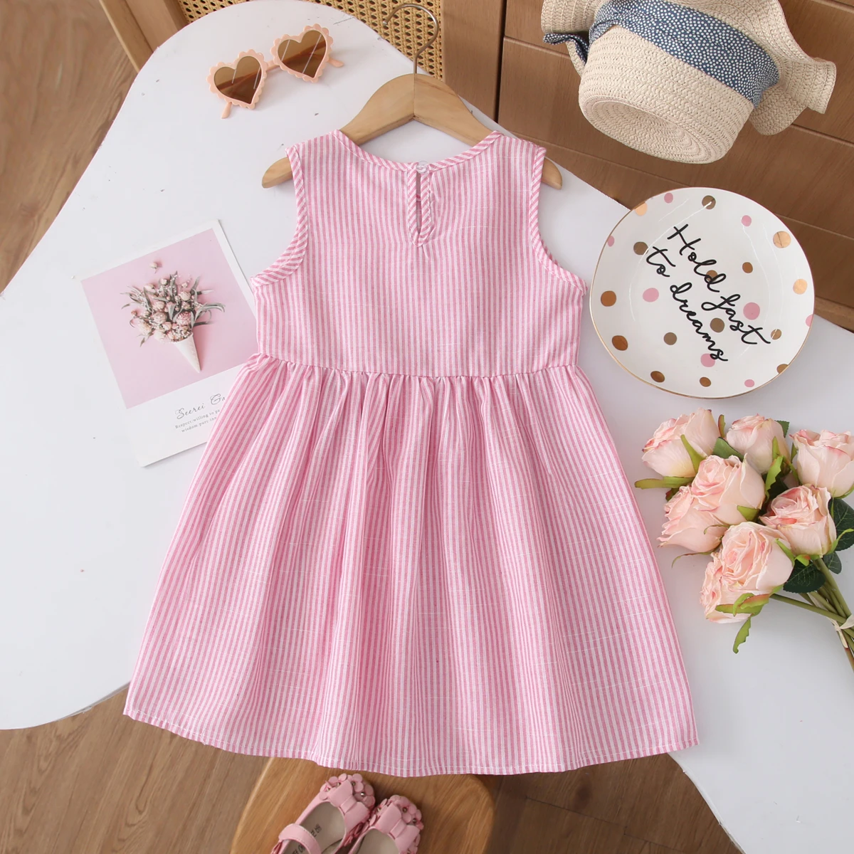Summer New Children's Clothing Fashion Pink & White Striped Bow Tie Vest Dress Korean Version Girls Casual Dresses