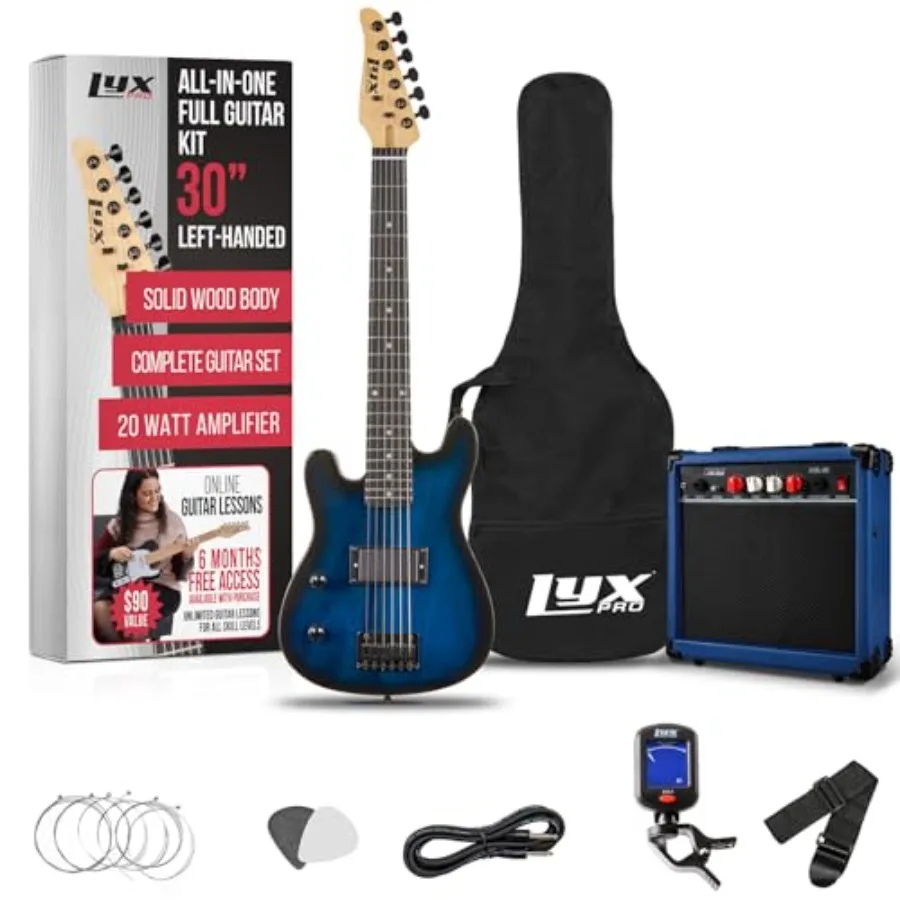 

Left Hand 30 Inch Electric Guitar Kit for Lefty 3/4 Size Beginners Guitar Amp Blue Six Strings Two Picks Shoulder Strap Digital