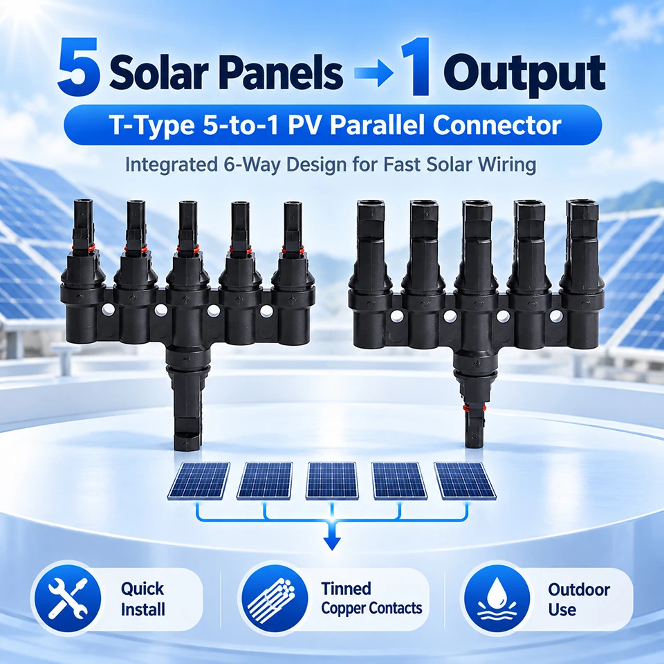 MC4 Solar Connector 5 to 1 T Branch Parallel Connector IP67 Waterproof PV Solar Panel Branch Adapter for Rooftop RV Off Grid