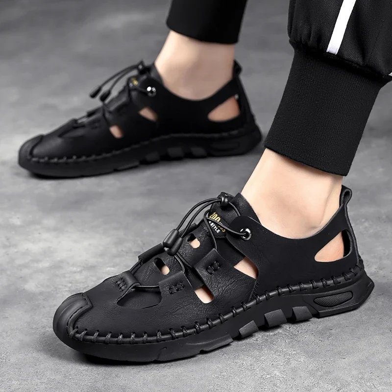 Summer High Quality Men's Fashion Trend Sandals Outdoor Breathable Massage Sole Anti slip Sandals Men's White Sandals Leather