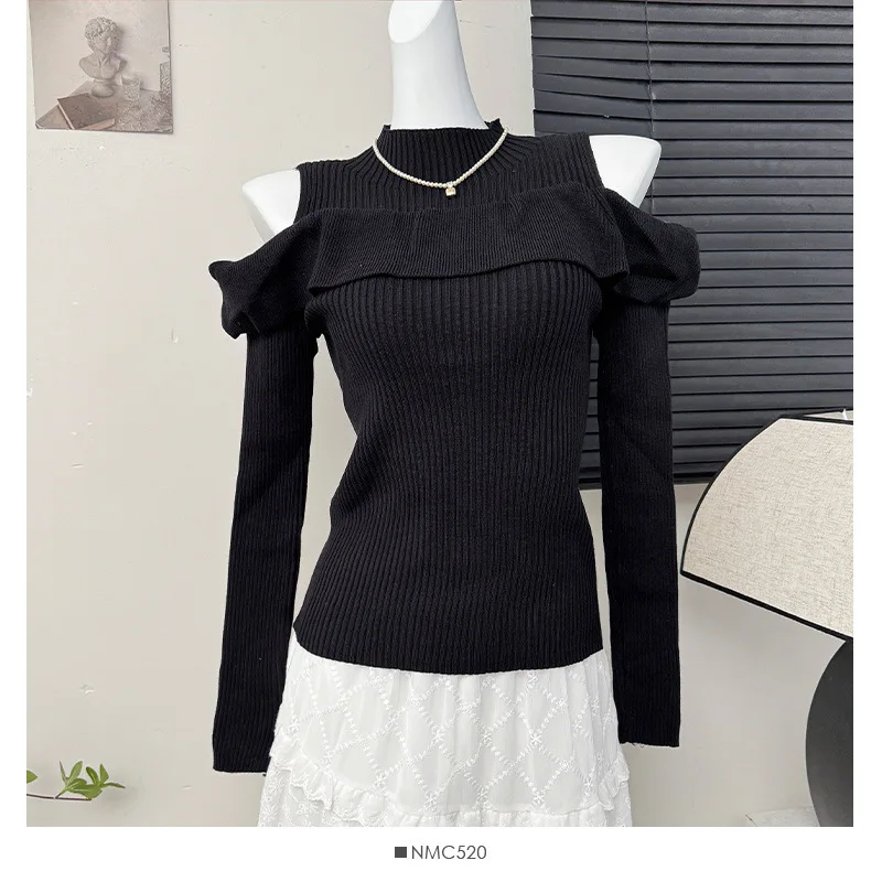 

French Off-shoulder Long-sleeved Sweater for Women in Spring 2025 New Fashionable Slim Sweater Elegant Versatile Pullover
