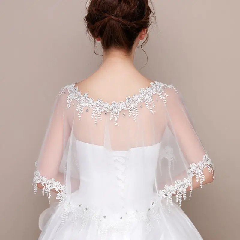 

Womens Wedding Tulle Shrug Shawl Wrap Embroidered Floral Tassels Glitter for Rhinestone Beaded Bride High Low Cape Dress