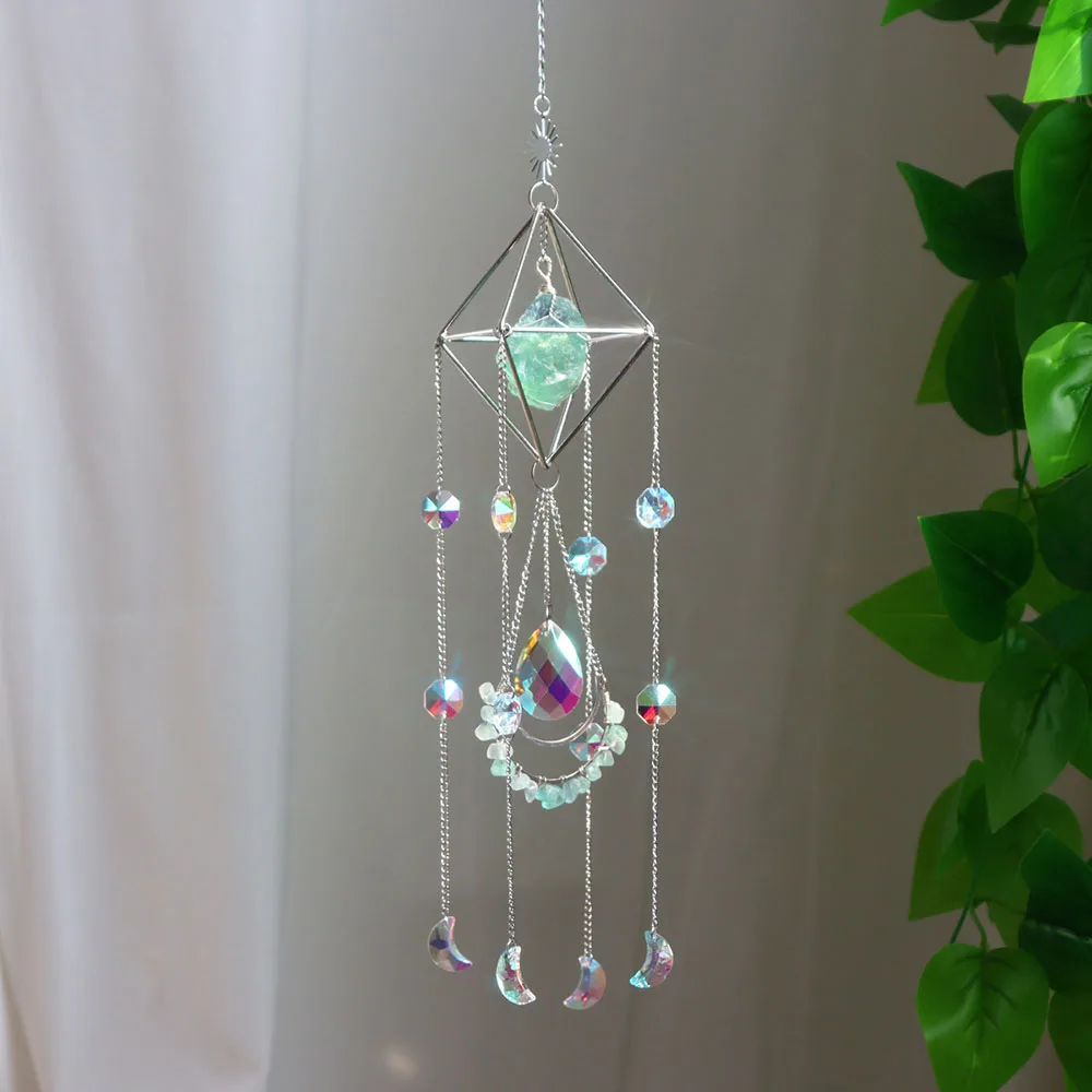 Custom Silver Geometric Frame Raw Green Fluorite Stone Crystal Sun Catcher - Glass Pendants Hanging Ornament for Window Decor