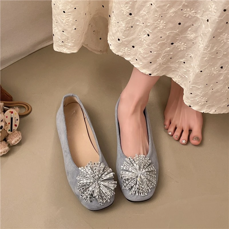 Low Heel Single Shoes Summer New Square Toe Shallow Mouth Rhinestone Flower Soft Sole Non-slip Low-top Shoes - view 3